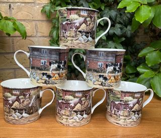 Set of 6 Country Life Farmyard Fine China Tea Mugs New in Boxes - Horse Cow Dog Chicken Mug