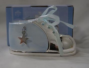 SILVER PLATED CHRISTENING BABY BLUE SHOE MONEY BOX