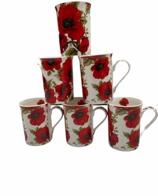 Set of 6 Fine Bone China Poppy Flower Mugs Panama- Red White Green Poppies Mug