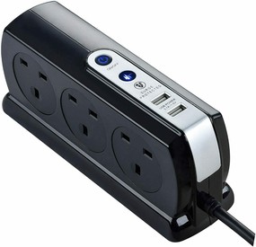 Masterplug 2M Surge Protected 6 Socket Extension Lead with 2x USB ports - Black