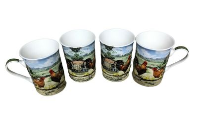 Set of 4 Farmyard Cockerel & Hen Coffee Tea Fine China Mugs Set
