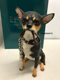 Sitting with Lead in Its Mouth Black and Tan Chihuahua Dog Statue Walkies Chihuahua Figurine Ornament