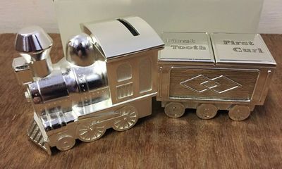 Christening Gift Baby Baptism Silver Plated Train Money Box with First Curl & Tooth