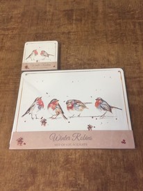 FOUR OF EACH PLACEMAT AND COASTER - WINTER ROBIN DINNER MATS AND COASTERS BNIP
