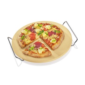 13" Stone Pizza Board with Rack For Oven Baking, Serving Tray on Table and BBQ