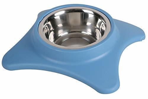 Blue Plastic Dog Feeding Dish Stainless Steel Bowl