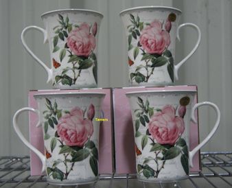 Set of 4 Redoute Pink Rose Fine China Trumpet Mugs Brand New in Boxes