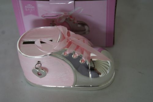 SILVER PLATED CHRISTENING PINK SHOE MONEY BOX