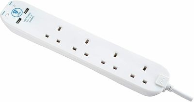 MasterPlug Surge Protected 2M 13A 4 Sockets Extension Lead 2 USB NEW UK - White
