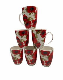 Set of 6 Fine Bone China Poppy Mugs Montana - Red White Green Poppies Mugs