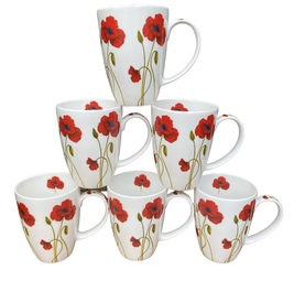 Set of 6 Fine Bone China Poppy Stem Mugs Montana - White Green Red  Poppies Flower Mug