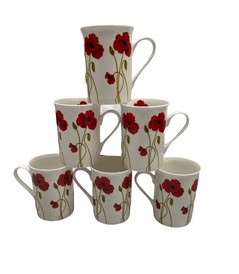Set of 6 Fine Bone China Poppy Stem Mugs Panama- White Green Red Poppies Mugs