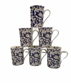 Fine Bone China Set of 6 Blue Daisy Flower Mugs