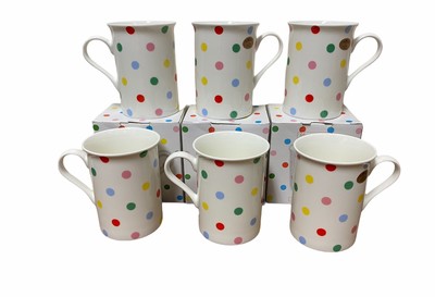 Fine Bone China Set of 6 White Multi Coloured Polka Dot Mugs