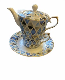 Blue Mosaic Teapot for one Set with Cup & Saucer
