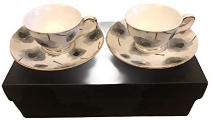 Black Poppy Flower Set of 2 Expresso Cups with Saucers in Gift Box