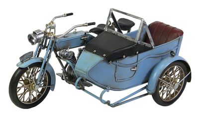 METAL TIN BLUE MOTORCYCLE WITH SIDECAR COLLECTABLE MODEL