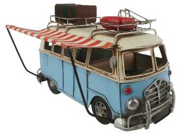 METAL TIN BLUE CAMPER VAN COLLECTABLE LARGE MODEL WITH CANOPY SUITCASE