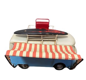 Metal Tin BLUE CAMPER VAN COLLECTABLE MODEL WITH CANOPY SUITCASE - Length approx 27cm