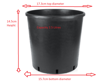 2.5 Litre Black Plastic Pot (top diameter 17.3cm x bottom diameter 15.7cm x 14.5cm Height)