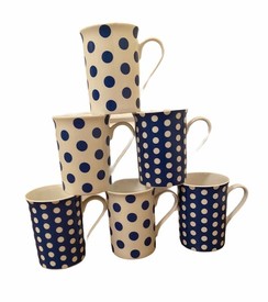 Set of 6 Fine Bone China Spotty Mugs Polka Dots Blue & White Coffee Tea Mugs Set