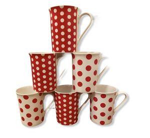 Set of 6 Fine Bone China Spotty Mugs Polka Dots Red & White Coffee Tea Mugs Set