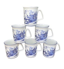 Set of 6 Fine Bone China White & Blue Willow Design Coffee Tea Mugs