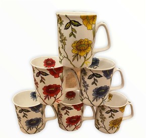 Set of 6 Fine Bone China Spring Flowers Mug Set Blue Red Yellow Floral Tea Mugs