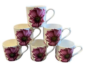 Set of 6 Fine Bone China Trent Rose Pink Flower Mugs - Large Tea Coffee Mugs Set