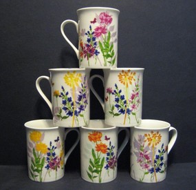 Set of 6 Fine Bone China Rainbow Meadow Flower Mugs