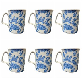 Set of 6 Fine Bone China Blue Flower Blossom Mugs