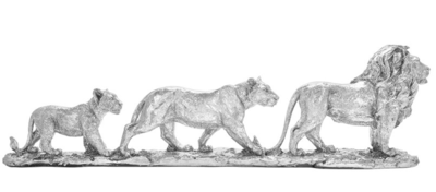 Silver Colour Lion Family Statue Lion Lioness & Cub Ornament 60cm Length