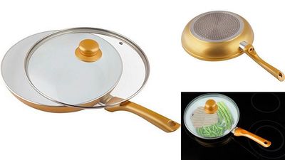 24cm Non Stick Ceramic Coated Frying Pan + Glass Lid Gold Handles For All Hobs