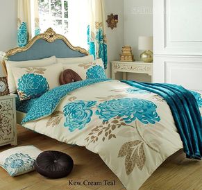 Kew Teal and Cream Floral Duvet Set - Single Double King