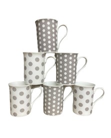 Set of 6 Fine Bone China Spotty Mugs Polka Dots Grey & White Coffee Tea Mugs Set