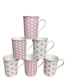 Set of 6 Fine Bone China Spotty Mugs Polka Dots Pink & White Coffee Tea Mugs Set