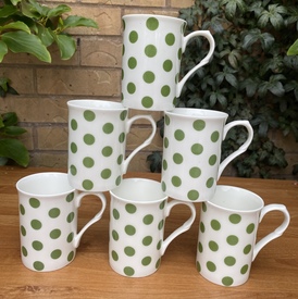 Set of 6 Fine Bone China Spotty Mugs Polka Dots Green White Coffee Tea Mugs Set