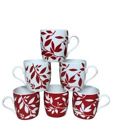 Set of 6 Fine Bone China Mugs White Red Leaf Mugs Ray LEAF PATTERN
