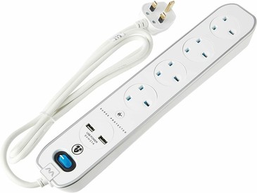 Masterplug Surge Protected 2M Extension Lead Cable 4 Gang with 2 USB Ports