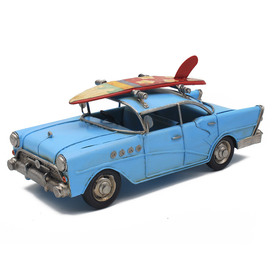 Vintage Retro Blue Car Tin Model with Surfboard on Roof