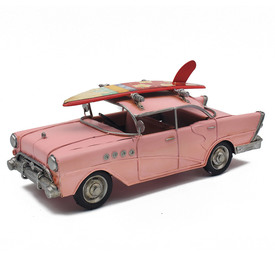 Vintage Retro Pink Car Tin Model with Surfboard