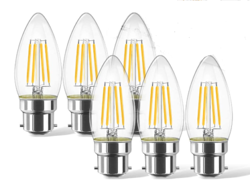 Set of 6 LED Filament Candle Bulbs 4w Bayonet Cap B22 Warm White 400 Lumens