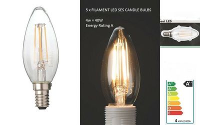 Pack of 5 E14 LED Filament Candle Light Bulb 4W Ambient White SES 360Lm