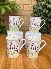 Set of 4 Fine China Lavender Flower Mugs