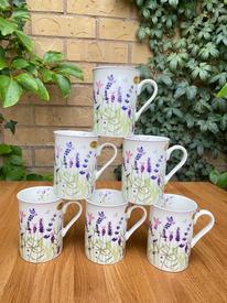 Set of 6 Fine China Lavender Flower Mugs