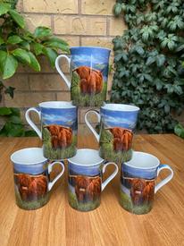 Set of 6 Mugs Highland Cow Design