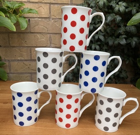 Set of 6 polka dot mugs fine bone china red blue grey