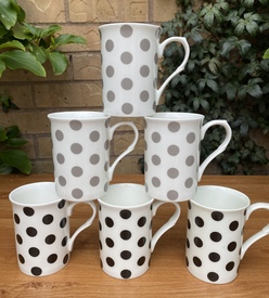 Set of 6 polka dot mugs white grey black fine bone china
