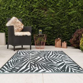 Lightweight Reversible Plastic Woven Outdoor Rug, 120x170cm, Grey White Leaves