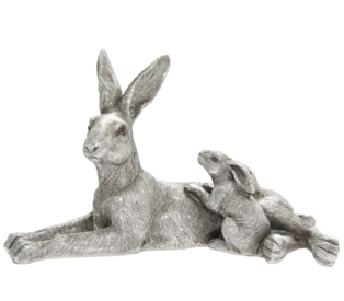 Lying Down Silver Colour Hare and Baby Statue LP47399